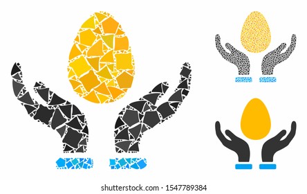 Gold egg care hands composition of tremulant pieces in different sizes and color tinges, based on gold egg care hands icon. Vector raggy pieces are composed into composition.