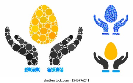 Gold egg care hands mosaic of circle elements in variable sizes and color hues, based on gold egg care hands icon. Vector round elements are combined into blue mosaic.