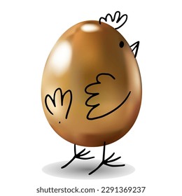 Goldenes Ei mit Hühnerflügel und -schwänzen. Rutsche Zeichen. Vektorhandgezeichnete doodle Illustrationen für Ostern, Karneval, Holyday, für Kinderdesigns. Einzeln auf weißem Hintergrund
