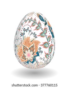 Gold egg with hand draw floral ornate isolated on white background. Fantasy beige blue flowers on white egg.