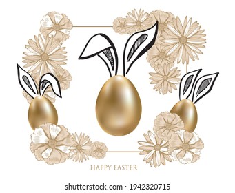 Huevo de oro. Feliz Pascua. Las orejas de los conejos. Estilo dibujado a mano. Ilustraciones vectoriales.	