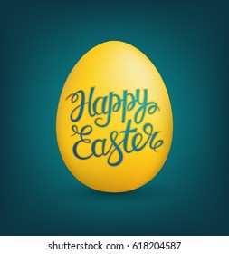 Gold Egg with lettering isolated on blue background. Happy Easter concept. Vector design illustration.