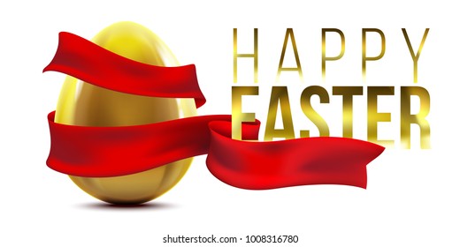 Gold egg realistic illustration with lettering and red ribbon for ads and Easter flyer or greeting design