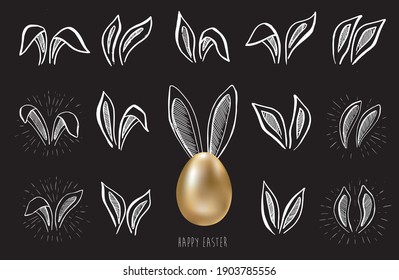 Gold egg, Set of rabbits's ears, Happy Easter. Hand drawn style. Vector illustrations.	