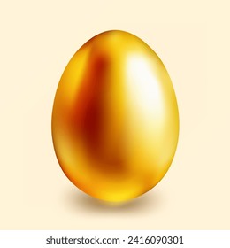 Gold egg with shadow. Wealth and religion symbol. Realistic precious Easter egg isolated on soft pastel background. greeting card template. Premium vector illustration..