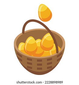 Gold eggs basket icon isometric vector. Passive income. Freedom money
