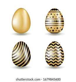 Gold eggs collection with black geometric pattern. Set of golden eggs on transparent background for Easter design, gift cards or investment concept. Realistic vector 3d illustration