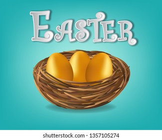 Gold eggs in the nest. Easter graphic vector
