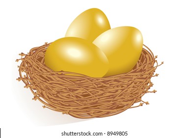 Gold eggs in the nest. Vector.