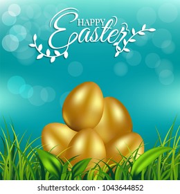Gold eggs on fresh spring grass with text for Easter day greeting card