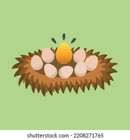 Gold eggs on a green background inside a nest in different them, Vector nature cartoon cute animation born easter magic gold egg or spacial bird Vector illustration designs.