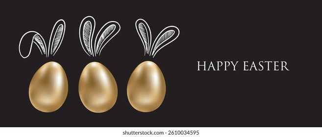Gold eggs set with rabbits's ears. Happy Easter. Hand drawn illustration.