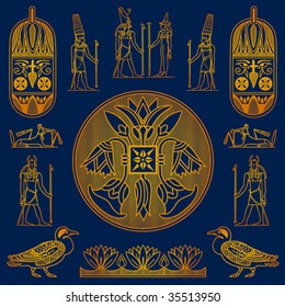 gold Egyptian decorative elements on a dark blue background