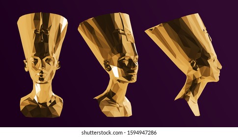 Gold Egyptian Queen Nefertiti. Shiny Metallic Set of Golden Cleopatra Sculptures on Purple Background. Low Poly Vector 3D Rendering