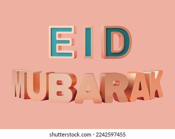 Gold Eid Mubarak 3D design text isolated on pink background.