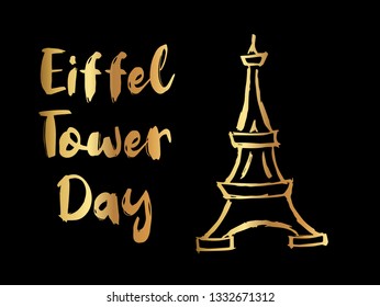Gold "Eiffel Tower Day" Text or Typography with Icon. Vector Illustration for Graphic Design, Poster, Background, Wallpaper, Greetings for Holiday, and more.