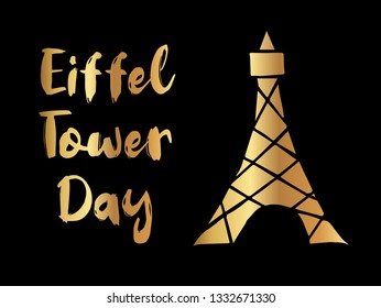 Gold "Eiffel Tower Day" Text or Typography with Icon. Vector Illustration for Graphic Design, Poster, Background, Wallpaper, Greetings for Holiday, and more.