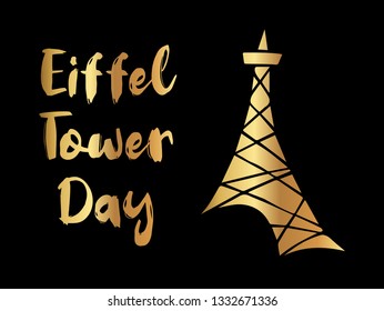 Gold "Eiffel Tower Day" Text or Typography with Icon. Vector Illustration for Graphic Design, Poster, Background, Wallpaper, Greetings for Holiday, and more.