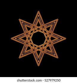Gold eight-pointed star on black background. Vector illustration. Corporate icon such as logotype and logo design template. Gold ornament for jewelry design.