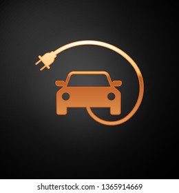 Gold Electric car and electrical cable plug charging icon isolated on black background. Renewable eco technologies. Vector Illustration