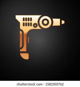 Gold Electric drill machine icon isolated on black background. Repair tool.  Vector Illustration