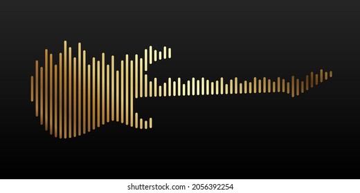 Gold electric guitar shape with equalizer strip lines isolated on a black background. Abstract music instrument concept with audio waveforms. Vector illustration