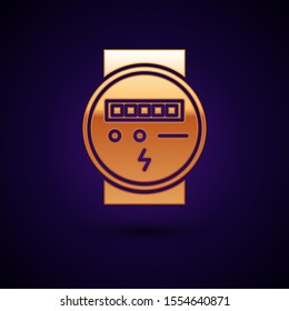 Gold Electric meter icon isolated on dark blue background.  Vector Illustration