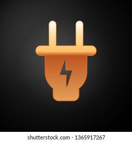 Gold Electric plug icon isolated on black background. Concept of connection and disconnection of the electricity. Vector Illustration