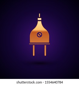 Gold Electric plug icon isolated on dark blue background. Concept of connection and disconnection of the electricity.  Vector Illustration