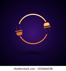 Gold Electric plug icon isolated on dark blue background. Concept of connection and disconnection of the electricity.  Vector Illustration