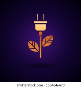 Gold Electric saving plug in leaf icon isolated on dark blue background. Save energy electricity icon. Environmental protection icon. Bio energy.  Vector Illustration