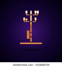 Gold Electric tower used to support an overhead power line icon isolated on dark blue background. High voltage power pole line.  Vector Illustration