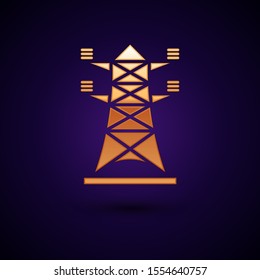 Gold Electric tower used to support an overhead power line icon isolated on dark blue background. High voltage power pole line.  Vector Illustration