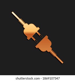 Oro enchufe de cable eléctrico e icono de enchufe aislado en el fondo negro. Estilo de sombra larga. Vector.