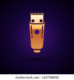 Gold Electrical hair clipper or shaver icon isolated on dark blue background. Barbershop symbol.  Vector Illustration