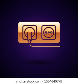 Gold Electrical outlet icon isolated on dark blue background. Power socket. Rosette symbol.  Vector Illustration