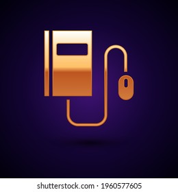 Gold Electronic book with mouse icon isolated on black background. Online education concept. E-book badge icon.  Vector Illustration
