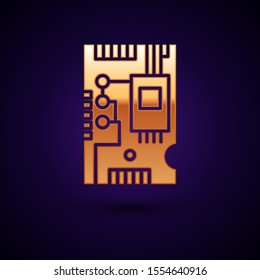Gold Electronic computer components motherboard digital chip integrated science icon isolated on dark blue background. Circuit board.  Vector Illustration