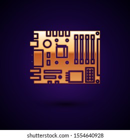 Gold Electronic computer components motherboard digital chip integrated science icon isolated on dark blue background. Circuit board.  Vector Illustration