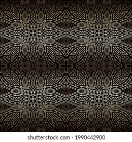 Las líneas 3d de la elegancia dorada son un patrón impecable. Fondo de encaje ornamental vectorial. Repetir el fondo de la superficie. Hermosa línea de arte adornos dorados florales con flores, hojas, líneas, formas. Diseño decorativo.