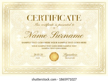 Gold elegant certificate with golden border (frame), curve pattern with fine line ornament on background. Vector template for invite, diploma
