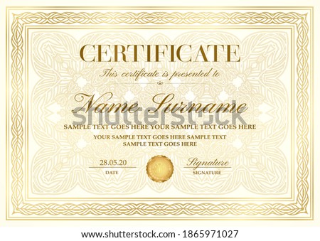 Gold elegant certificate with golden border (frame), curve pattern with fine line ornament on background. Vector template for invite, diploma
