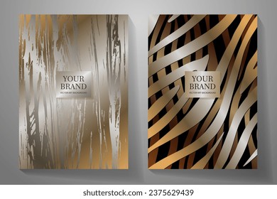 Gold elegant cover design set. Luxury vector background collection with gold lines and 3d shapes for cover design, invitation, poster, flyer, wedding card, luxe invite, prestigious voucher, menu.
