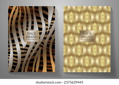 Gold elegant cover design set. Luxury vector background collection with gold lines and 3d shapes for cover design, invitation, poster, flyer, wedding card, luxe invite, prestigious voucher, menu.
