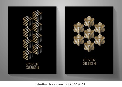 Gold elegant cover design set. Luxury vector background collection with gold 3d shapes and black for cover design, invitation, poster, flyer, wedding card, luxe invite, prestigious voucher, menu.
