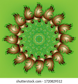 Gold Elegant Floral Mandala Design with copy space for your text, vector isolated on green background 