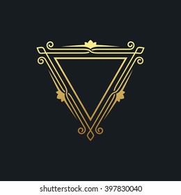 Gold elegant frame. Line art monogram for your design. Vector illustration