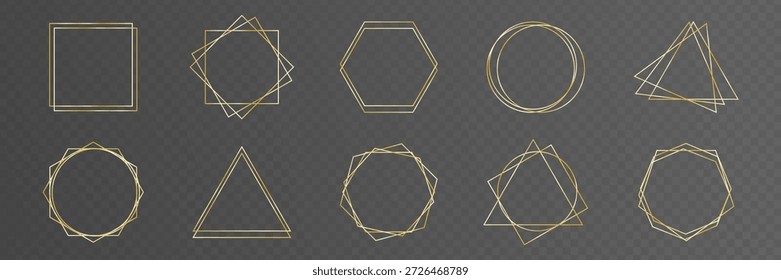 Gold elegant frame set. Golden luxury border. Glowing line background. Award badge. Circle foil bg. Square plate. Metal icon. Rectangle banner. Photo box. Vector illustration.