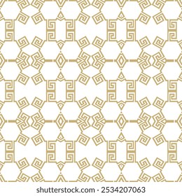 Patrón sin fisuras moderno de estilo griego elegante dorado. Oro ornamental y fondo blanco de estilo antiguo de Grecia. Repita el Vector de fondo. Hermosos adornos con meandro de clave griega. Textura ornamentada sin fin.