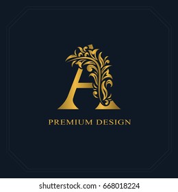 Gold Elegant letter A. Graceful style. Calligraphic beautiful logo. Vintage drawn emblem for book design, brand name, business card, Restaurant, Boutique, Hotel. Vector illustration